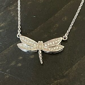 Intricate Rhodium Plated Dragonfly CZ Necklace with Textured Wings 18 Inches